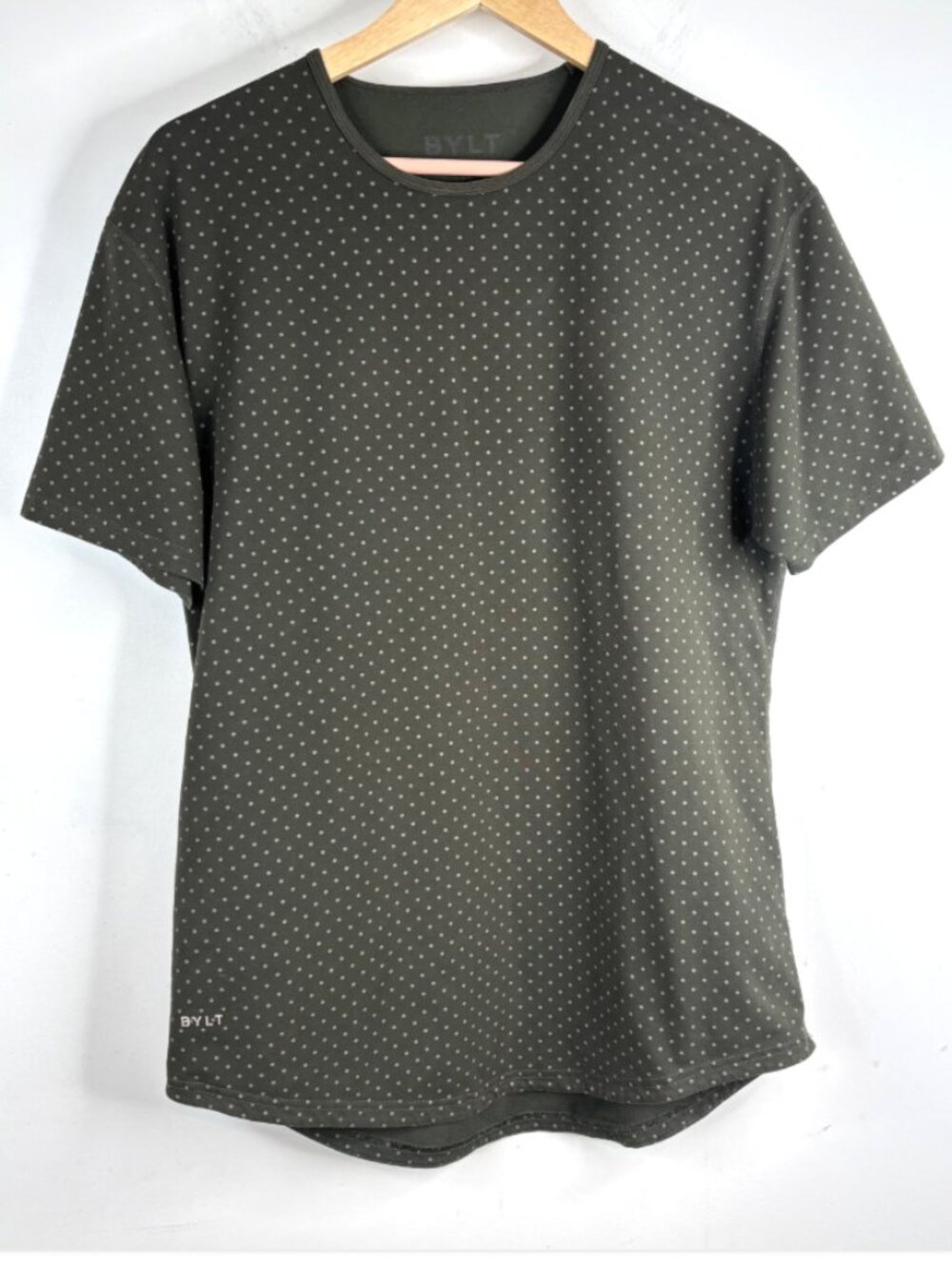 BYLT Basics Men's L Drop Cut Lux Shirt Olive Green Polka Dot Curved Hem Active